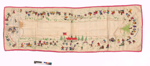 Image: Embroidered bureau scarf with MacMillan-Moravian school, church, the Bowdoin, and tree